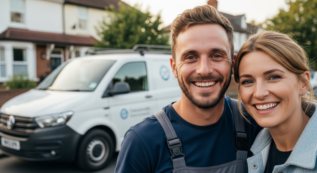 UK trade business owner and team standing in front of a work van outside a home
