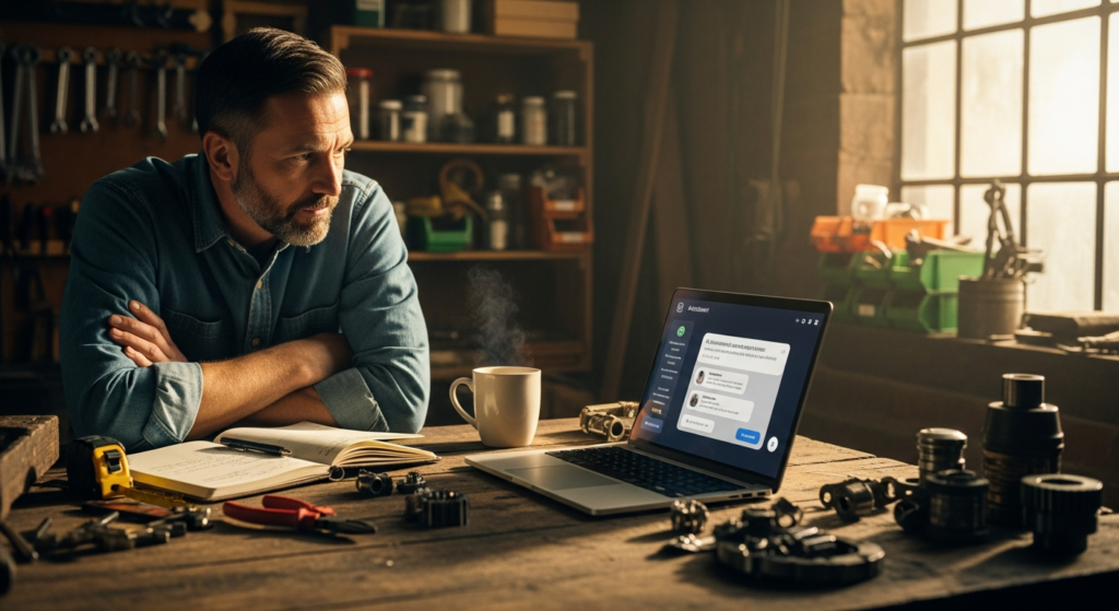 Trade business owner using an AI tool on a laptop in their workshop