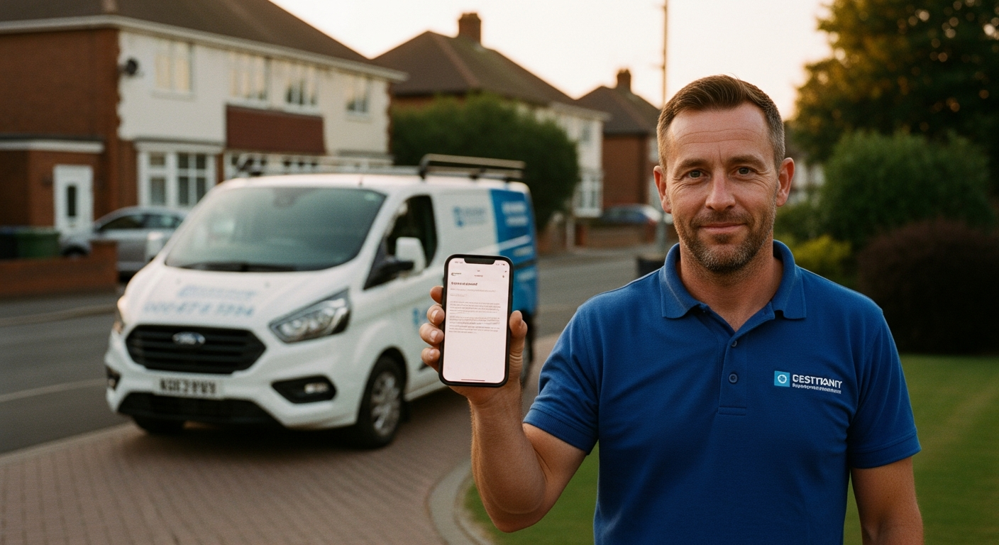 Tradesperson reading a customer testimonial on their phone outside a UK home