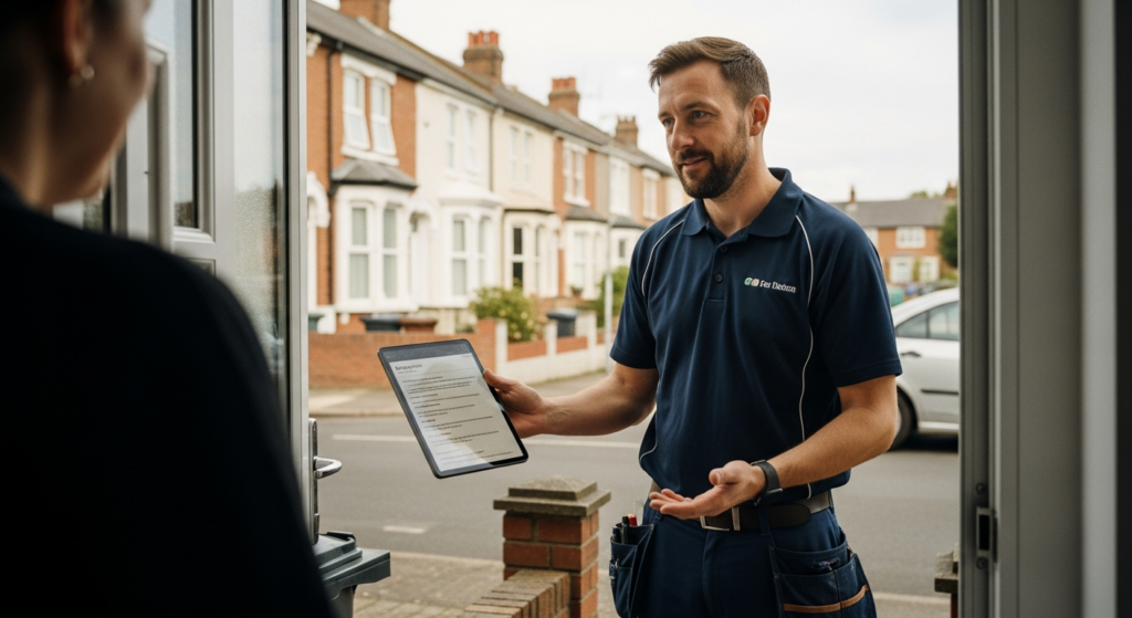Tradesperson having a calm conversation on a UK doorstep