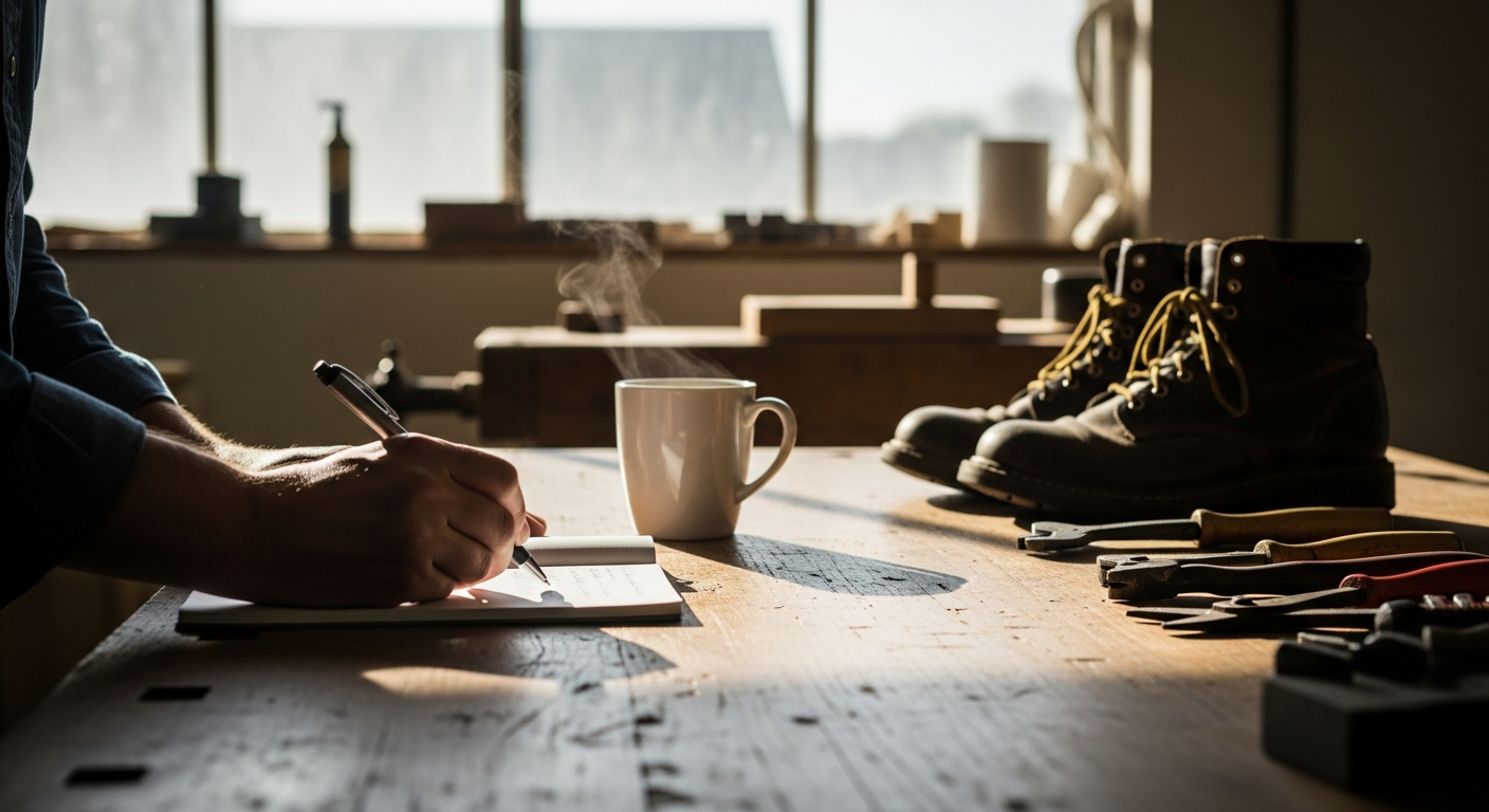 Trade business owner planning customer profile at workshop bench
