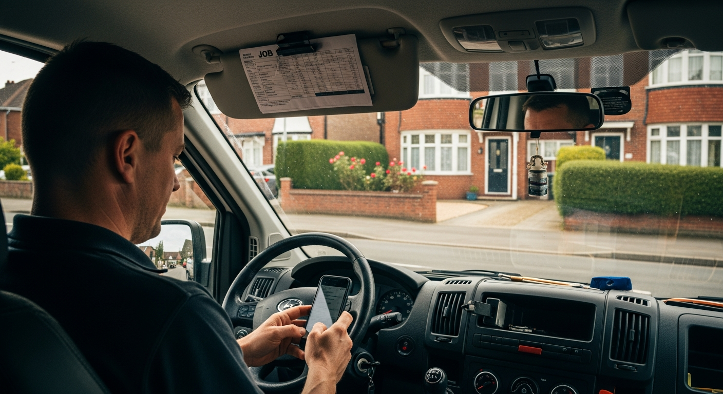 Tradesperson in a work van checking their phone after a no-show appointment