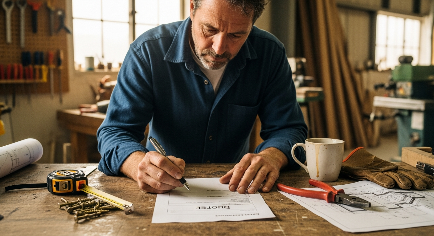 Trade business owner proofreading a quote document at a workshop bench