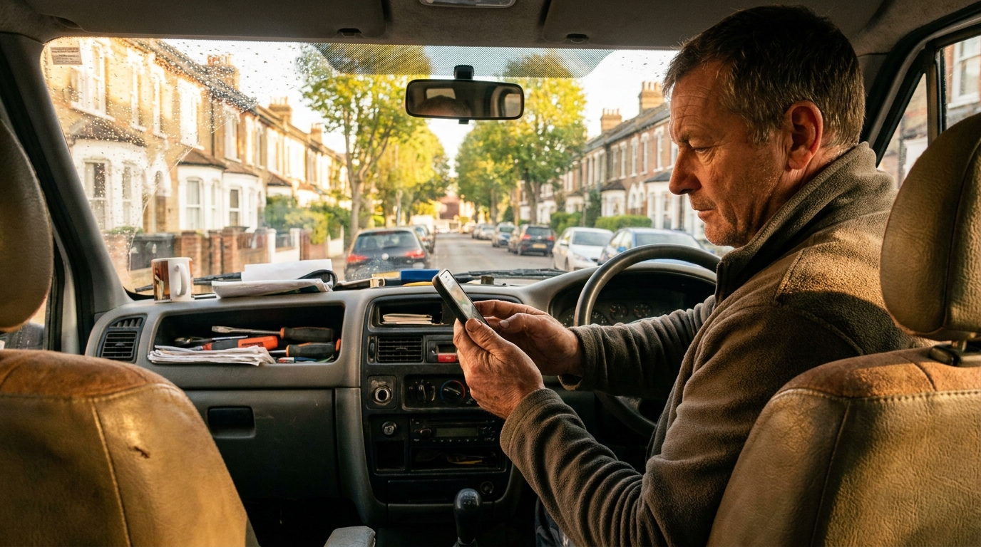 A tradesperson in his van checking his phone before leaving for a quote visit