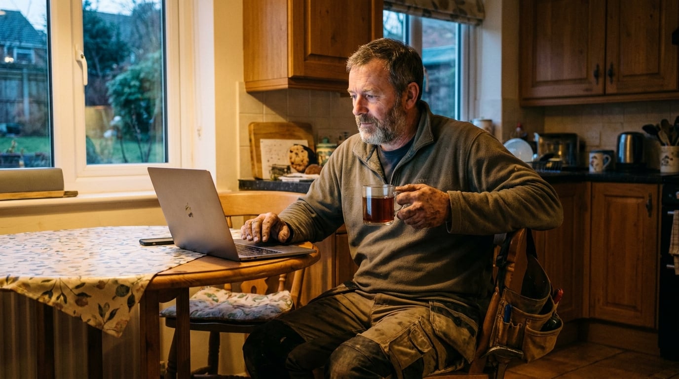 A tradesperson at his kitchen table reviewing invoices on a laptop in soft evening light