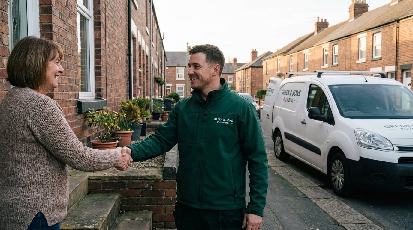 A trusted UK tradesperson shaking hands with a homeowner on her doorstep, work van behind