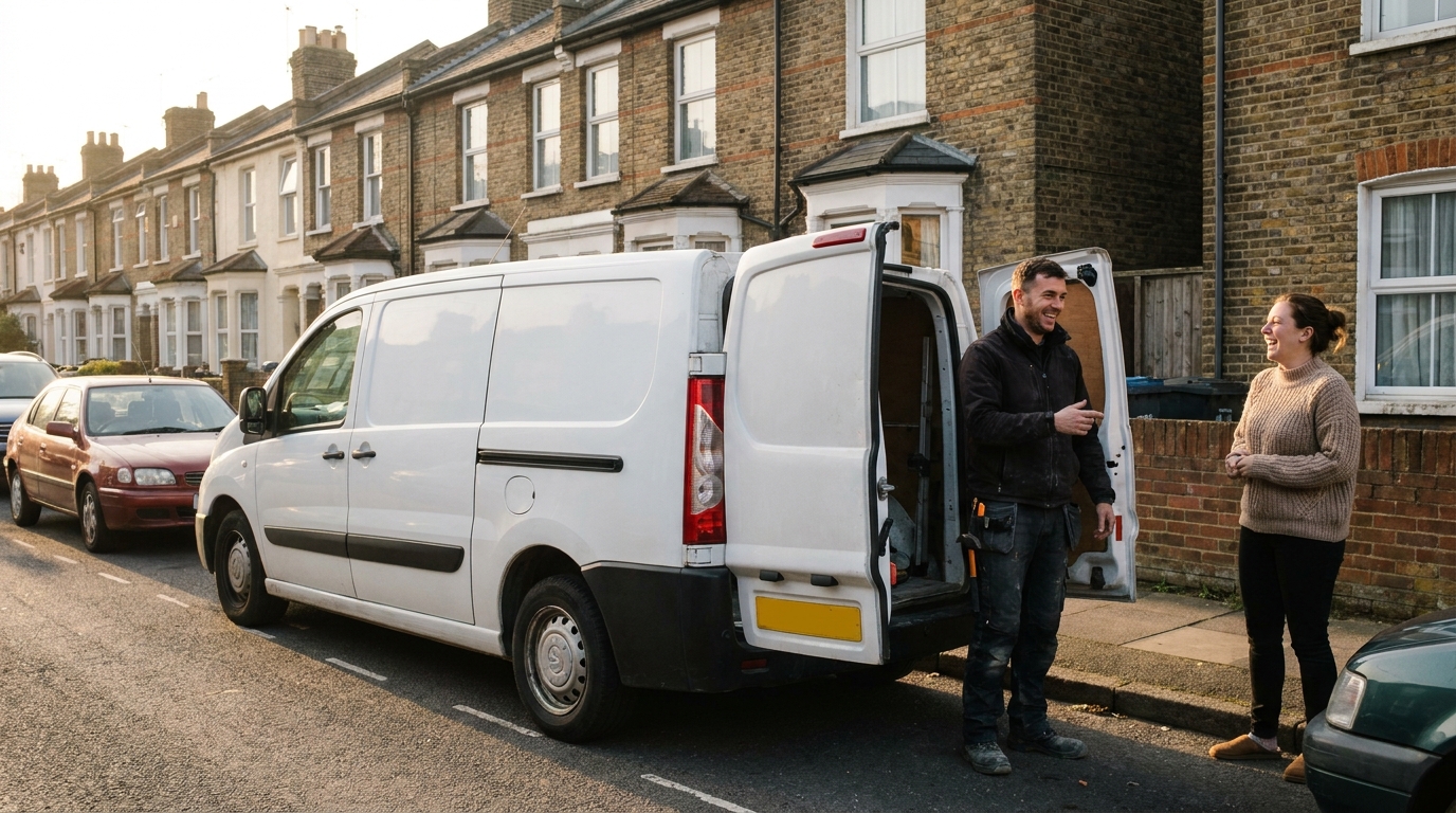 A tradesperson chatting with a homeowner next to his work van on a British residential street